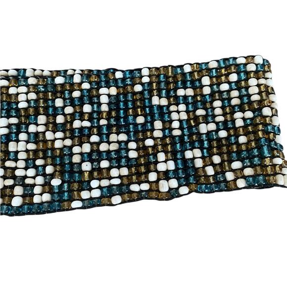 Vintage Beaded Stretchy Wide Waist Belt Wood Buckle Green Cream Gold